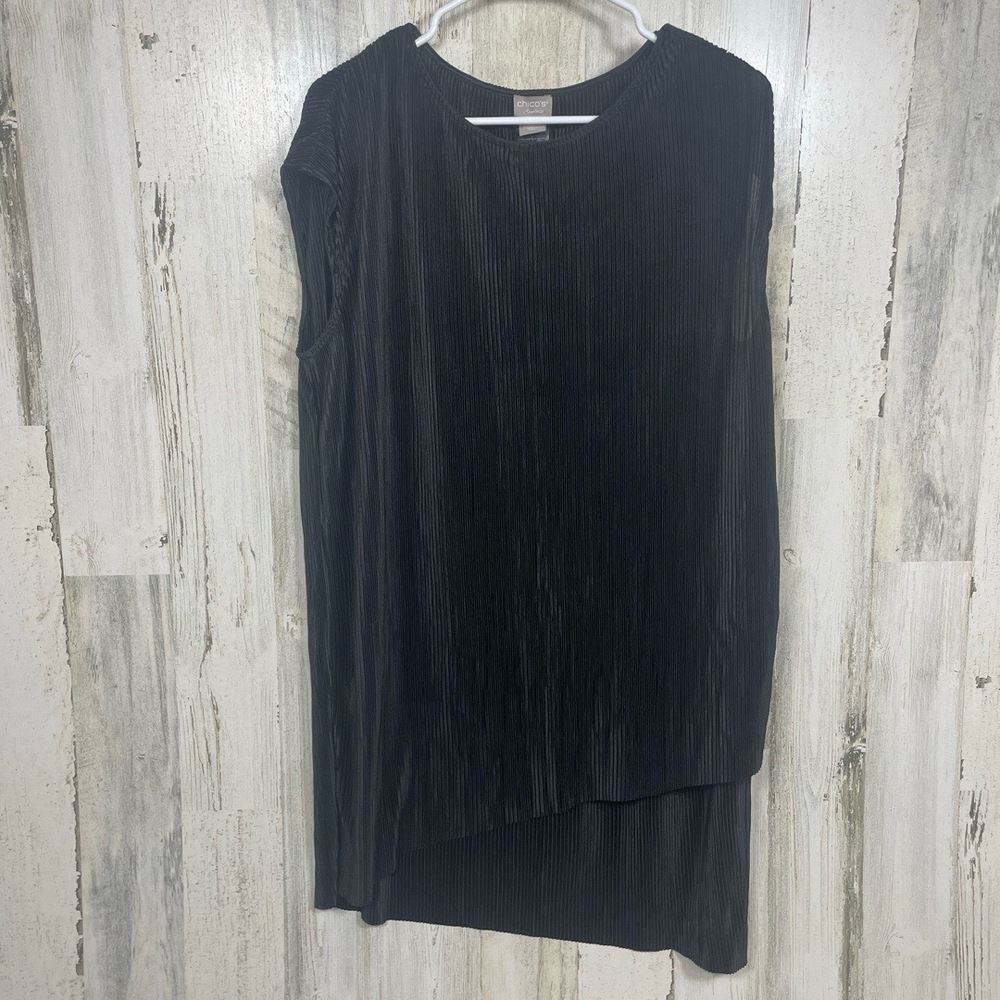 Chico's Travelers Womens Size 3 Black Micro Pleat Assymetrical Tunic Elegant NWT